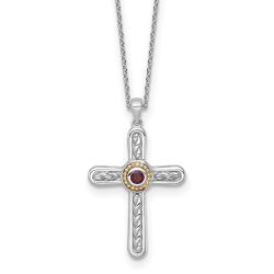 Golden Lotus Sculpted Breeze Shey Couture Sterling Silver Rhodium-plated with 14k Accent Round Garnet Textured Cross 18 inch with 2 inch Extension Necklace