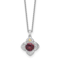 Dawn Halo Shey Couture Sterling Silver Rhodium-plated with 14k Accent Round Garnet Flower 18 inch with 2 inch Extension Necklace