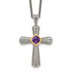 Amber Iris Refined River Shey Couture Sterling Silver with 14K Accent 18 Inch Antiqued Cushion Bezel Amethyst Cross Necklace