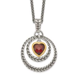 Iridescent Dahlia Iris Shey Couture Sterling Silver Gold-tone Flash Gold-plated 18 Inch Antiqued Checkerboard Garnet Heart Necklace