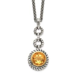 Sleek Breeze Shey Couture Sterling Silver Gold-tone Flash Gold-plated 18 Inch Antiqued Round Bezel Citrine Necklace