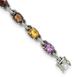 Solenne Shey Couture Sterling Silver 7.25 Inch Antiqued Cushion .86Amethyst/.86Citrine/1.10Garnet/.55Peridot/.86Smoky Quartz Bracelet