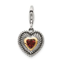 Graceful Magnolia Modern Wren Shey Couture Sterling Silver with 14K Accent Antiqued Heart Shaped Garnet with Lobster Clasp Heart Charm