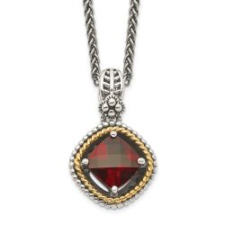 Calm Dahlia Majestic Grove Shey Couture Sterling Silver with 14K Accent 18 Inch Antiqued Checkerboard Cushion Garnet Necklace