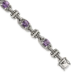 Evadne Shey Couture Sterling Silver with 14K Accent 7.5 Inch Antiqued Cushion Amethyst Bracelet