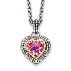 Emerald Prelude Shey Couture Sterling Silver with 14K Accent 18 Inch Antiqued Heart Bezel Created Pink Sapphire Necklace