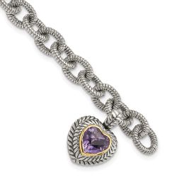 Celestine Shey Couture Sterling Silver with 14K Accent 7.5 Inch Antiqued Amethyst Heart Link Bracelet