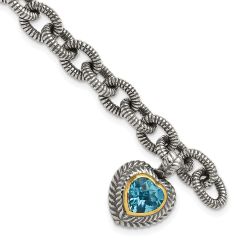 Elysian Shey Couture Sterling Silver with 14K Accent 7.5 Inch Antiqued Swiss Blue Topaz Heart Bezel Bracelet
