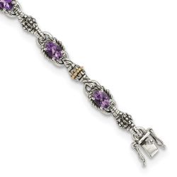 Celestine Shey Couture Sterling Silver with 14K Accent 7.25 Inch Antiqued Oval Amethyst Bracelet