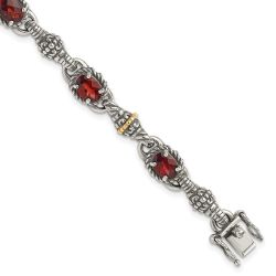 Rhea Shey Couture Sterling Silver with 14K Accent Antiqued Oval Garnet 7.25 inch Bracelet