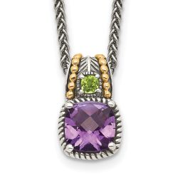 Polished Sonata Shey Couture Sterling Silver with 14K Accent 18 Inch Antiqued Cushion 1.85 Amethyst and .21 Peridot Necklace
