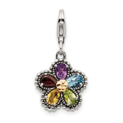 Calm Magnolia Dusk Cove Shey Couture Sterling Silver with 14K Accent Antiqued Pear Shaped Amethyst Citrine Blue Topaz Peridot and Garnet Multicolored Gemstone Flower with Lobster Clasp Charm