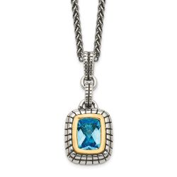 Silken Laurel Shey Couture Sterling Silver with 14K Accent 18 Inch Antiqued Cushion Bezel Swiss Blue Topaz Necklace