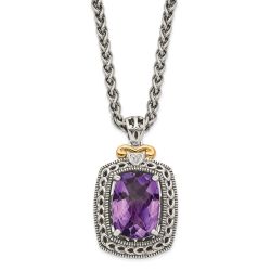 Ruby Mesa Shey Couture Sterling Silver with 14K Accent 18 Inch Antiqued Checkerboard-cut Cushion Amethyst and Diamond Necklace