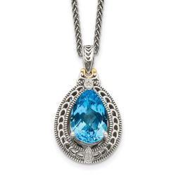 Rosy Sonata Shey Couture Sterling Silver with 14K Accent 18 Inch Antiqued Diamond and Pear Shaped Blue Topaz Necklace