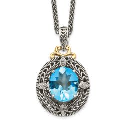 Quiet Mesa Shey Couture Sterling Silver with 14K Accent 18 Inch Antiqued Diamond and Oval Blue Topaz Necklace