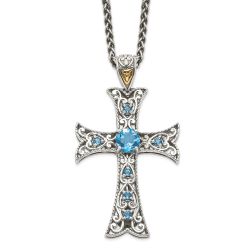 Golden Opus Pure Ember Shey Couture Sterling Silver Rhodium-plated with 14K Accent 18 Inch Antiqued Round Blue Topaz Cross Necklace