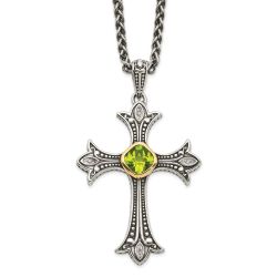 Elegant Camellia Shey Couture Sterling Silver with 14K Accent 18 Inch Antiqued Diamond and Cushion Bezel Peridot Necklace