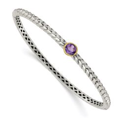 Cassian Shey Couture Sterling Silver Antiqued with 14K Accent Round Bezel Amethyst Hinged Bangle Bracelet