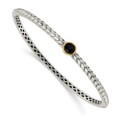 Amara Shey Couture Sterling Silver with 14K Accent Antiqued Checkerboard-cut Black Onyx Hinged Bangle Bracelet