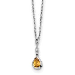 Velvet Meadow Minimal Cove White Ice Sterling Silver Rhodium-plated 18 inch Diamond and Citrine Teardrop Necklace with 2 inch Extender