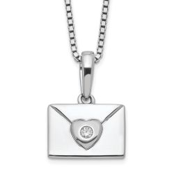 Subtle Dahlia White Ice Sterling Silver Rhodium-plated 18 Inch Diamond Heart Envelope Necklace with 2 Inch Extender