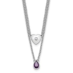  Moon White Ice Sterling Silver Rhodium-plated 18 inch Diamond Heart and Amethyst Teardrop Necklace plus 2 inch Extender