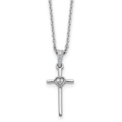 Gilded Prelude Sculpted Mesa White Ice Sterling Silver Rhodium-plated 18 inch Diamond Cross and Heart Necklace plus 2 inch Extender
