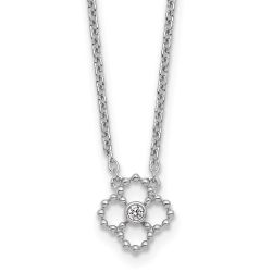 Majestic Camellia White Ice Sterling Silver Rhodium Plated Beaded Diamond Quatrefoil 18in Necklace plus 2 in Extender