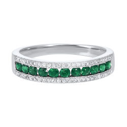 Front View 14K White Gold 3 Row Multi-Channel Diamond & Emerald Band