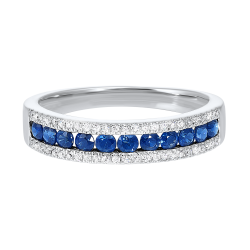Front View 14K White Gold 3 Row Multi-Channel Diamond & Sapphire Band