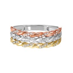 Front View  Diamond Triple Rope Tri-Color Gold Stacked Band