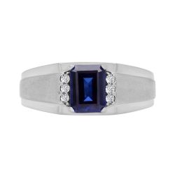Sterling Silver Created Sapphire And Diamond Men's Ring