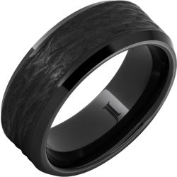 Black Diamond Ceramic Ring with Hand Carved Bark Engraving