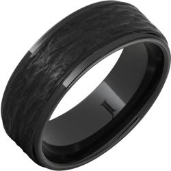 Black Diamond Ceramic Ring with Hand Carved Bark Engraving