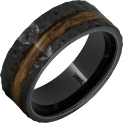 Barrel Aged Black Diamond Ceramic Ring with Bourbon Wood Inlay and Moon Crater Carving