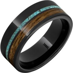 Barrel Aged Black Diamond Ceramic Ring with Bourbon Wood and Turquoise Inlays