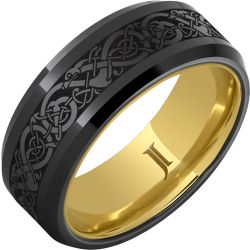 The Viking - Black Diamond Ceramic Engraved Ring with Hidden Gold Interior