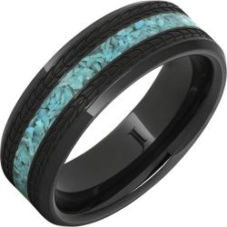 Black Diamond Ceramic Turquoise Ring with Eagle Feather Engraving