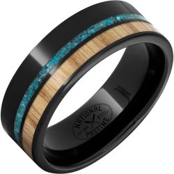 Black Diamond Ceramic Ring with White Ash Vintage Baseball Bat Wood and Turquoise Inlays