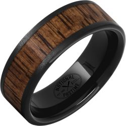 Black Diamond Ceramic Ring with Hickory Vintage Baseball Bat Wood Inlay and Stone Finish