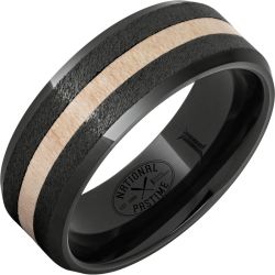 National Pastime Collection Black Diamond Ceramic Ring with Maple Vintage Baseball Bat Wood Inlay and Grain Finish