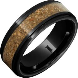 Black Diamond Ceramic Ring with Tan-Brown Dinosaur Bone Fossil Inlay and Flat Recessed Edges