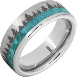 Serinium Ring with Turquoise Inlay, Pine Forest Engraving and Stone Finish