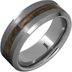 Barrel Aged Rugged Tungsten Ring with Bourbon Wood Inlay and Grain Finish