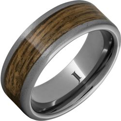 Barrel Aged Rugged Tungsten Ring with Bourbon Wood Inlay and Stone Finish