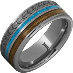 Barrel Aged Rugged Tungsten Ring with Turquoise and Bourbon Inlays