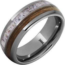 Barrel Aged Rugged Tungsten Ring with Bourbon Barrel Wood and Antler Inlays