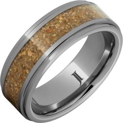 Rugged Tungsten Ring with Tan-Brown Dinosaur Bone Fossil Inlay and Flat Recessed Edges