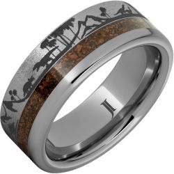 Rugged Tungsten Ring with Dinosaur Bone Inlay and Dinosaur Landscape Engraving